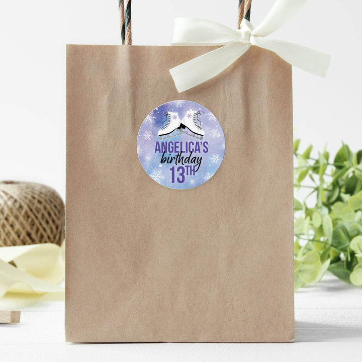 Patinaje sobre hielo personalizado: fiesta de cumpleaños infantil de invierno - Etiquetas adhesivas circulares - Paquete de 40