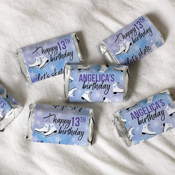 Patinaje sobre hielo personalizado: fiesta de cumpleaños infantil de invierno - Envoltorios para barra de dulces en miniatura de Hershey - 45 pegatinas