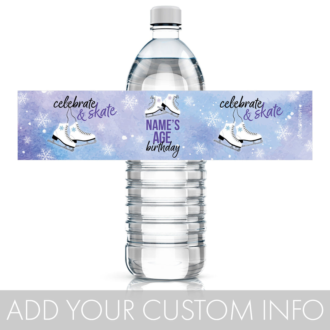 Patinaje sobre hielo personalizado: fiesta de cumpleaños infantil de invierno - Etiquetas adhesivas para botellas de agua - 24 pegatinas impermeables
