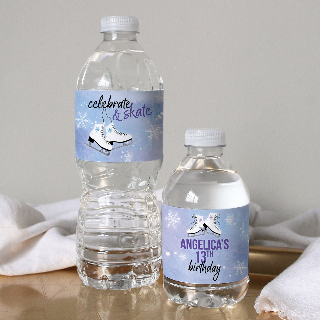 Patinaje sobre hielo personalizado: fiesta de cumpleaños infantil de invierno - Etiquetas adhesivas para botellas de agua - 24 pegatinas impermeables