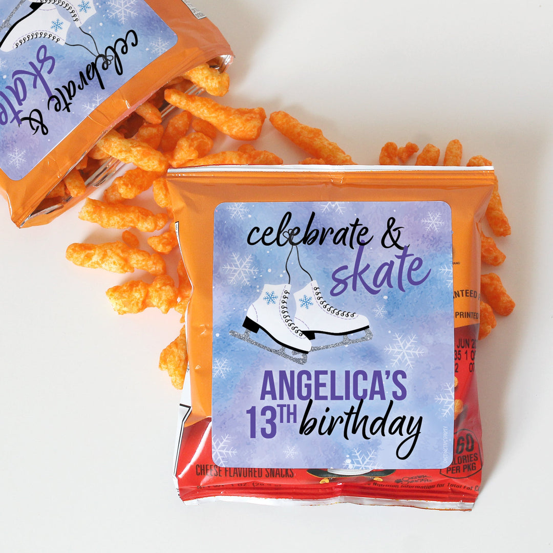 Patinaje sobre hielo personalizado: fiesta de cumpleaños infantil de invierno - Pegatinas para bolsa de palomitas de maíz y bolsa de refrigerio - Paquete de 32