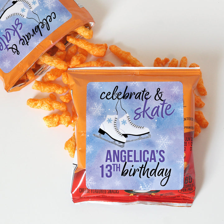Patinaje sobre hielo personalizado: fiesta de cumpleaños infantil de invierno - Pegatinas para bolsa de palomitas de maíz y bolsa de refrigerio - Paquete de 32