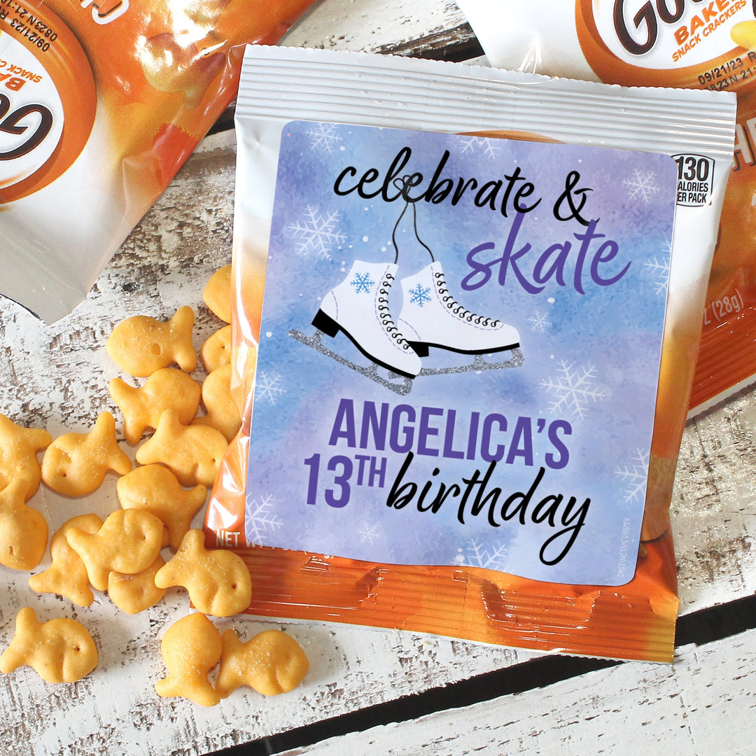 Personalized Ice Skating: Winter Kid's Birthday Party - Popcorn Bag and Snack Bag Stickers - 32 Pack