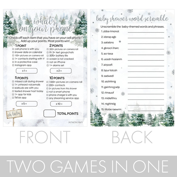 Baby It's Cold Outside Evergreen: Winter Baby Shower - What's On Your Phone and Word Scramble -  Baby Shower Game - Two Game Bundle -  20 Dual Sided Cards