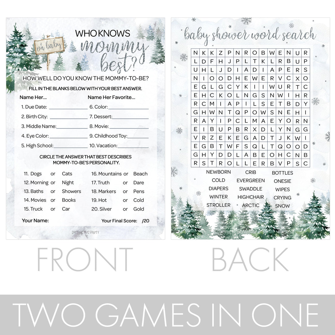 Baby It's Cold Outside Evergreen: Winter Baby Shower Game  - Word Search and Who Knows Mommy Best - Two Game Bundle - 20 Dual Sided Cards