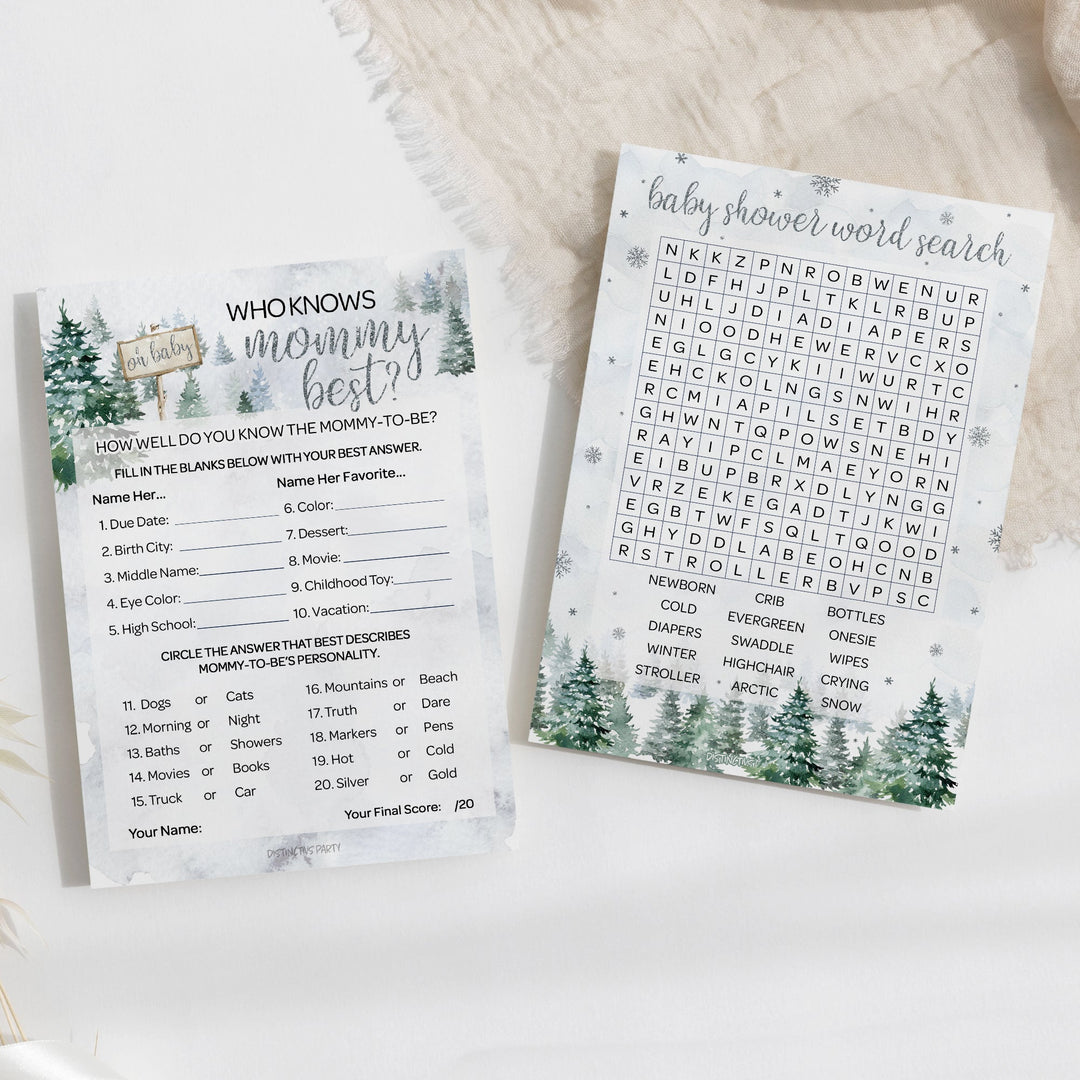 Baby It's Cold Outside Evergreen: Winter Baby Shower Game  - Word Search and Who Knows Mommy Best - Two Game Bundle - 20 Dual Sided Cards