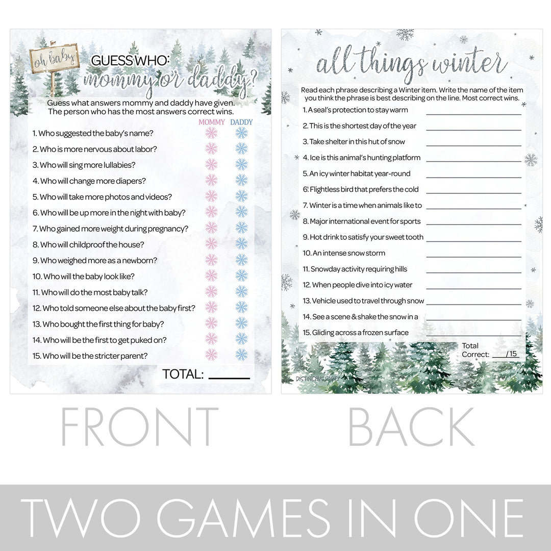 Baby It's Cold Outside Evergreen: Winter Baby Shower Game - "Guess Who" Mommy or Daddy and All Things Winter- Two Game Bundle - 20 Dual Sided Cards