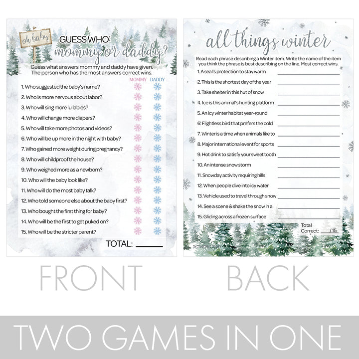 Baby It's Cold Outside Evergreen: Winter Baby Shower Game - "Guess Who" Mommy or Daddy and All Things Winter- Two Game Bundle - 20 Dual Sided Cards
