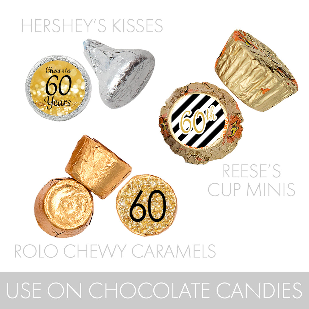 60th Birthday: Black & Gold - Fits on Hershey's Kisses - 180 Stickers