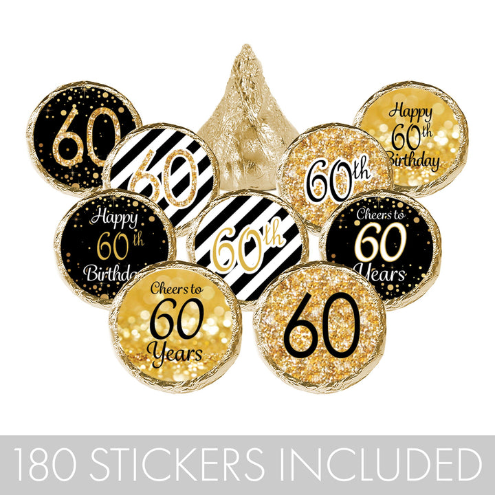 60th Birthday: Black & Gold - Fits on Hershey's Kisses - 180 Stickers