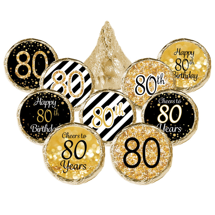 80th Birthday: Black & Gold - Fits on Hershey's Kisses - 180 Stickers