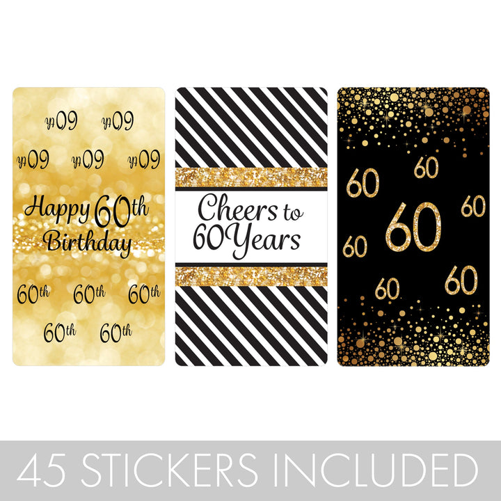 60.º cumpleaños: negro y dorado - Pegatinas para envoltorios de barra de caramelos en miniatura de Hershey's - 45 pegatinas