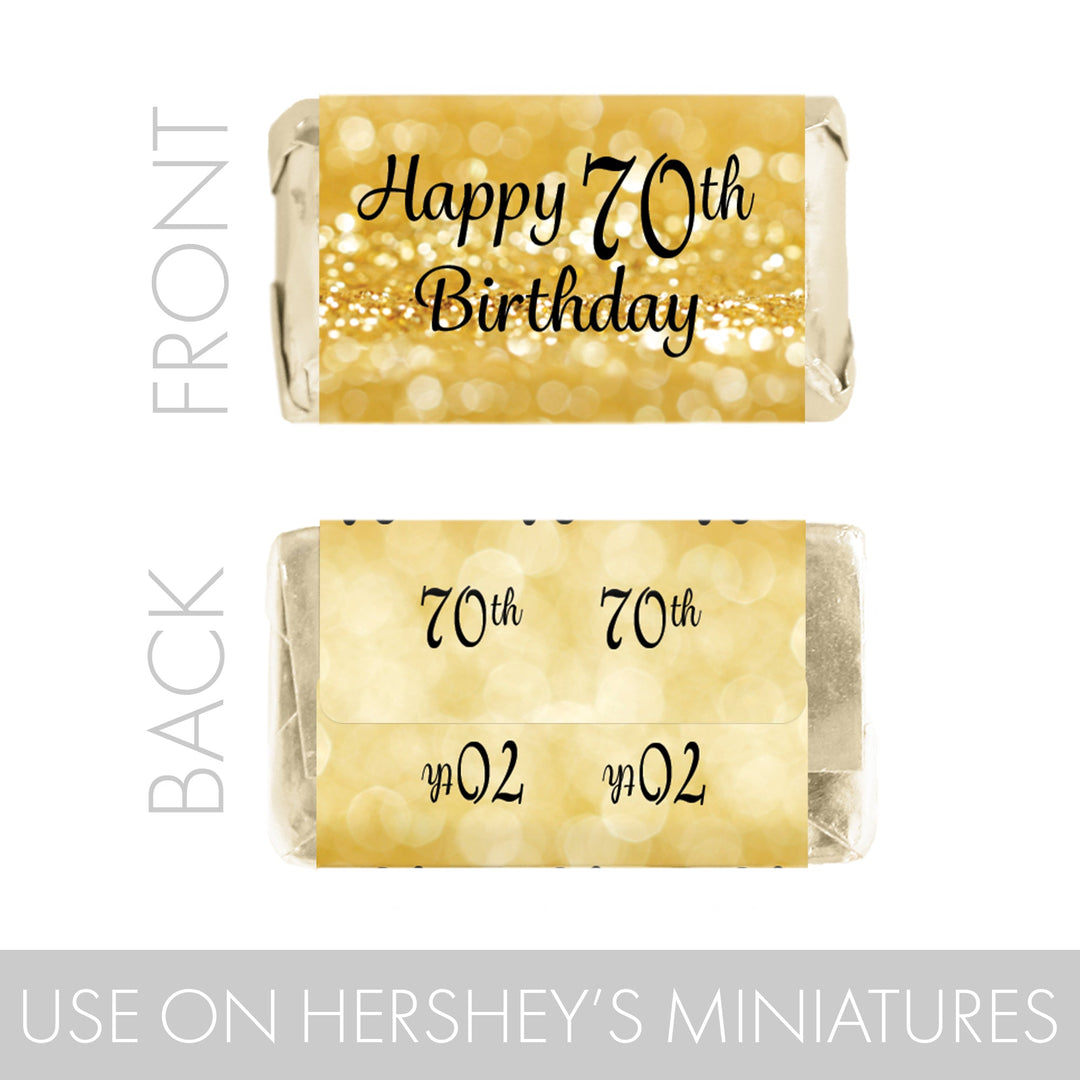 70.º cumpleaños: negro y dorado - Pegatinas para envoltorios de barra de caramelos en miniatura de Hershey's - 45 pegatinas