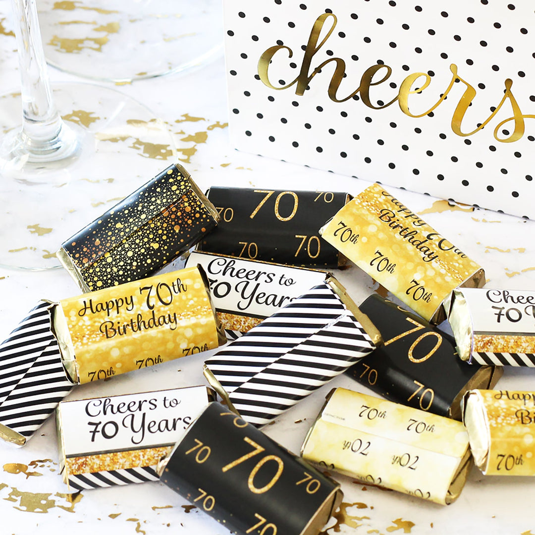 70.º cumpleaños: negro y dorado - Pegatinas para envoltorios de barra de caramelos en miniatura de Hershey's - 45 pegatinas