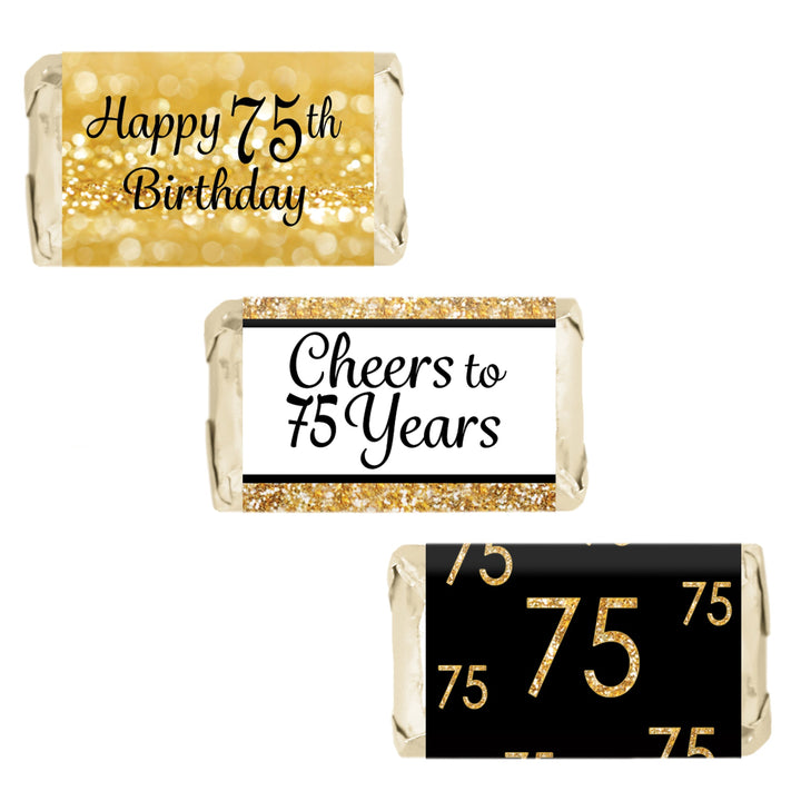 75.º cumpleaños: negro y dorado - Pegatinas para envoltorios de barra de caramelos en miniatura de Hershey's - 45 pegatinas