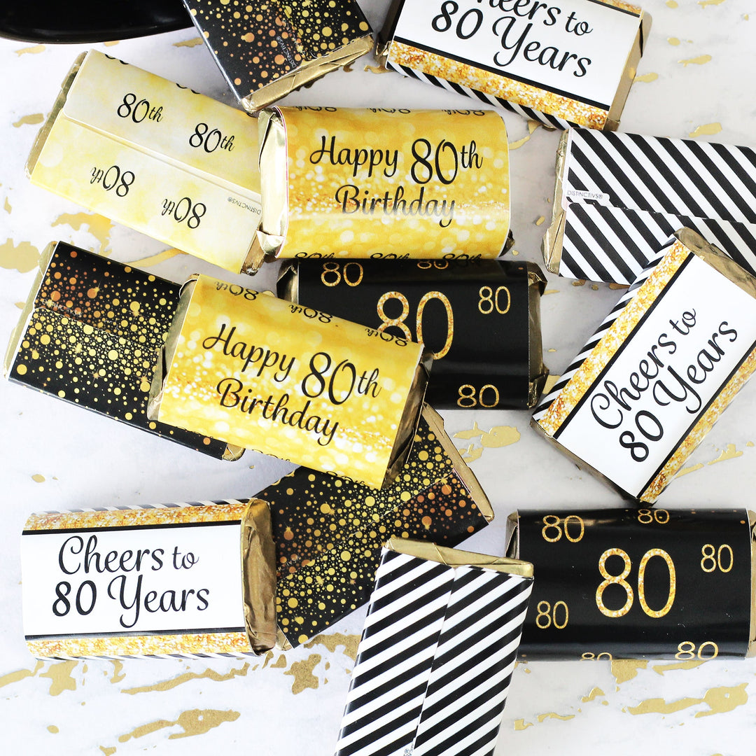 80.º cumpleaños: negro y dorado - Pegatinas para envoltorios de barra de caramelos en miniatura de Hershey's - 45 pegatinas