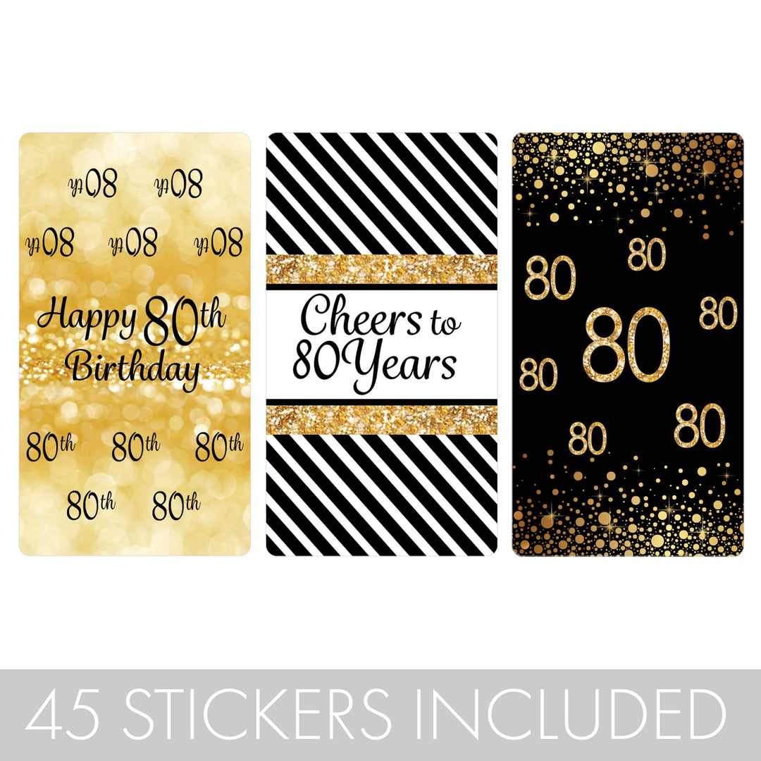 80th Birthday: Black & Gold - Hershey's Miniatures Candy Bar Wrappers Stickers - 45 Stickers
