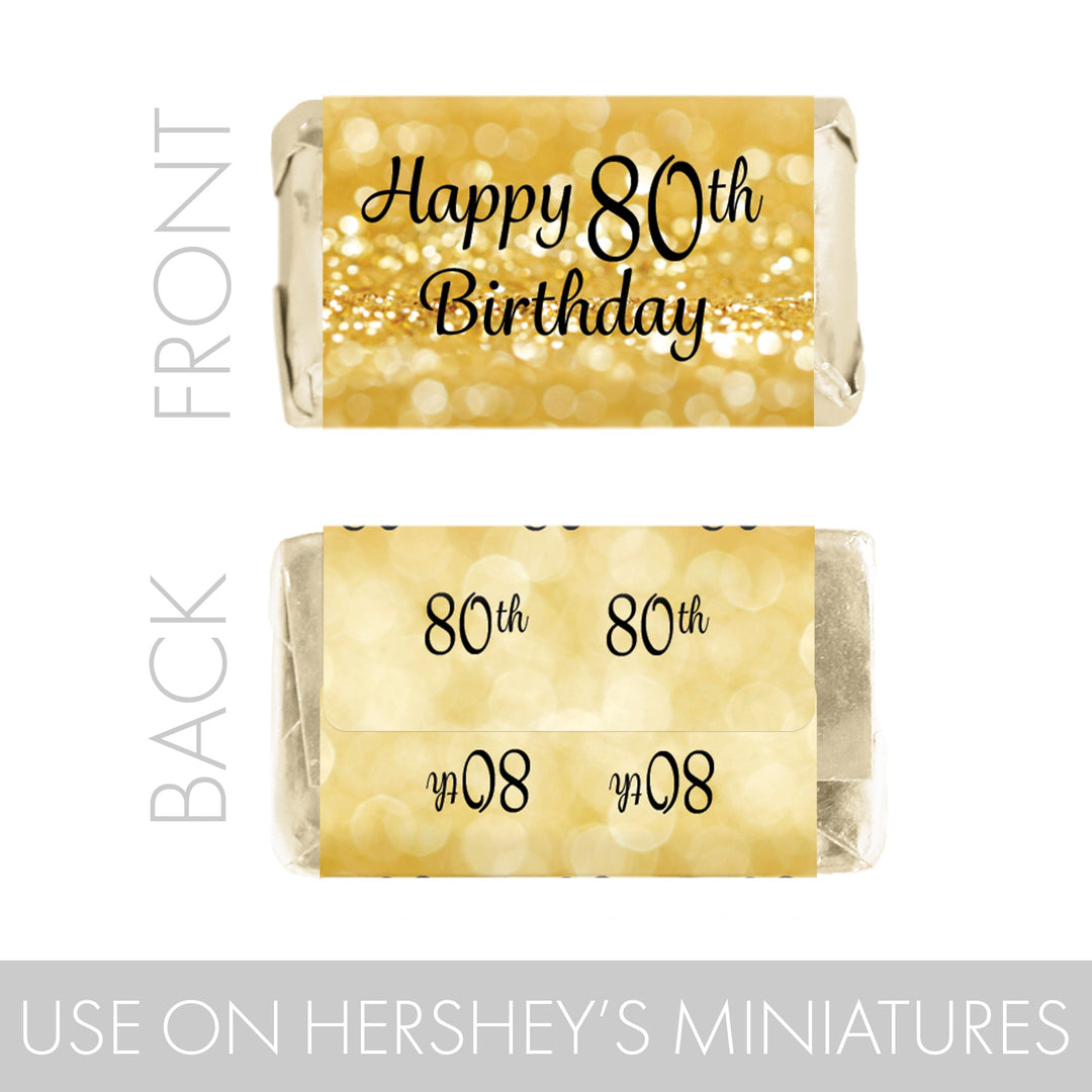80.º cumpleaños: negro y dorado - Pegatinas para envoltorios de barra de caramelos en miniatura de Hershey's - 45 pegatinas