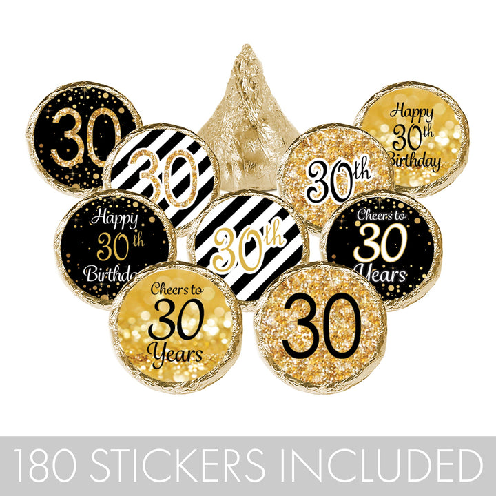 30 cumpleaños: negro y dorado - Se adapta a Hershey's Kisses - 180 pegatinas