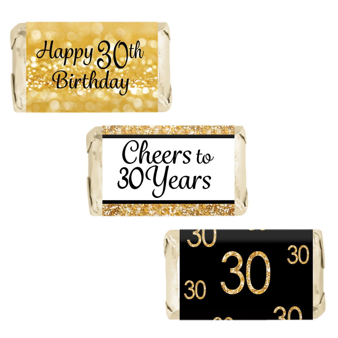 30.º cumpleaños: negro y dorado - Pegatinas para envoltorios de barra de caramelos en miniatura de Hershey's - 45 pegatinas