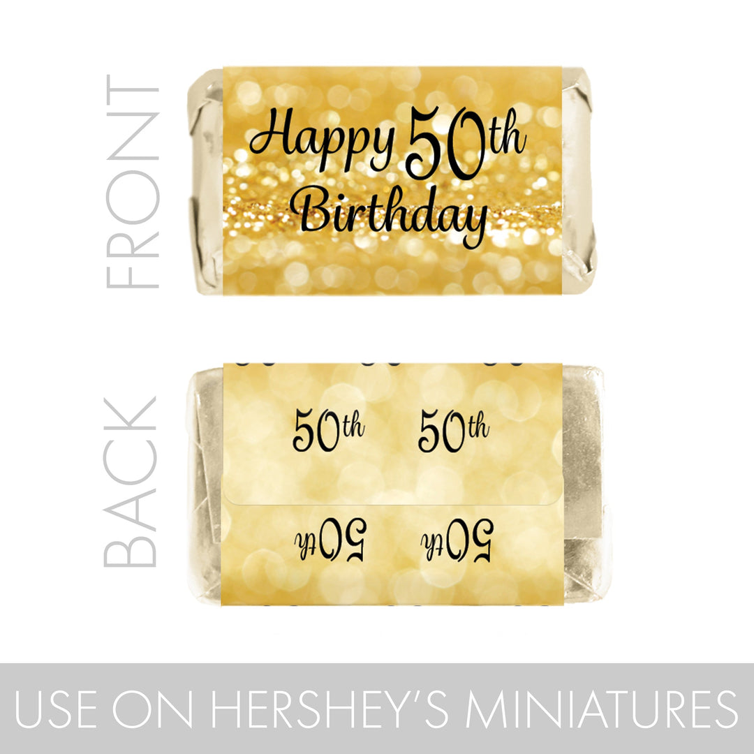 50th Birthday: Black & Gold - Hershey's Miniatures Candy Bar Wrappers Stickers - 45 Stickers