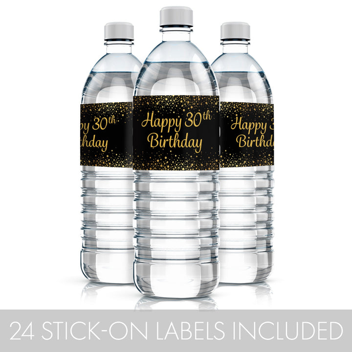 30th Birthday: Black & Gold - Water Bottle Labels - 24 Stickers