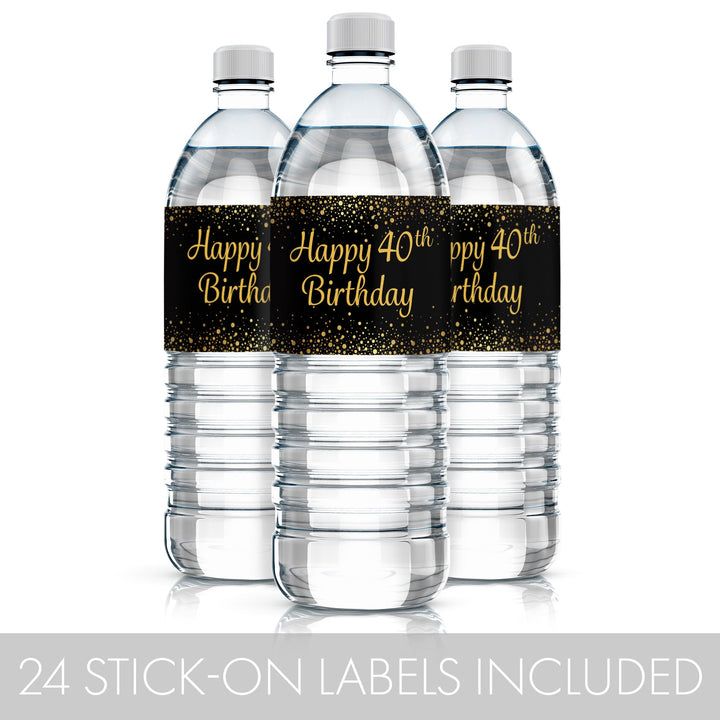 40th Birthday: Black & Gold - Water Bottle Labels - 24 Stickers