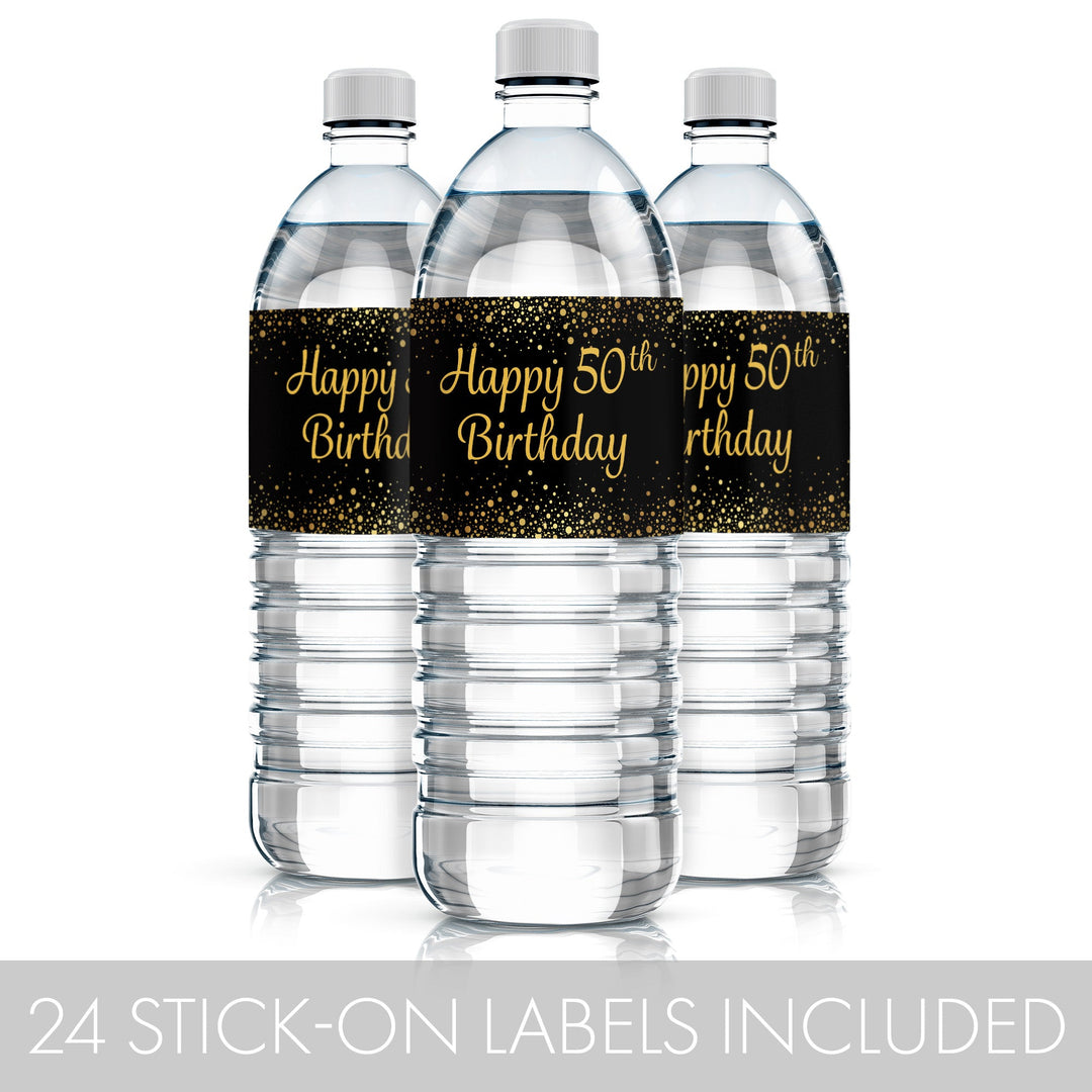 50 cumpleaños: negro y dorado - Etiquetas para botellas de agua - 24 pegatinas