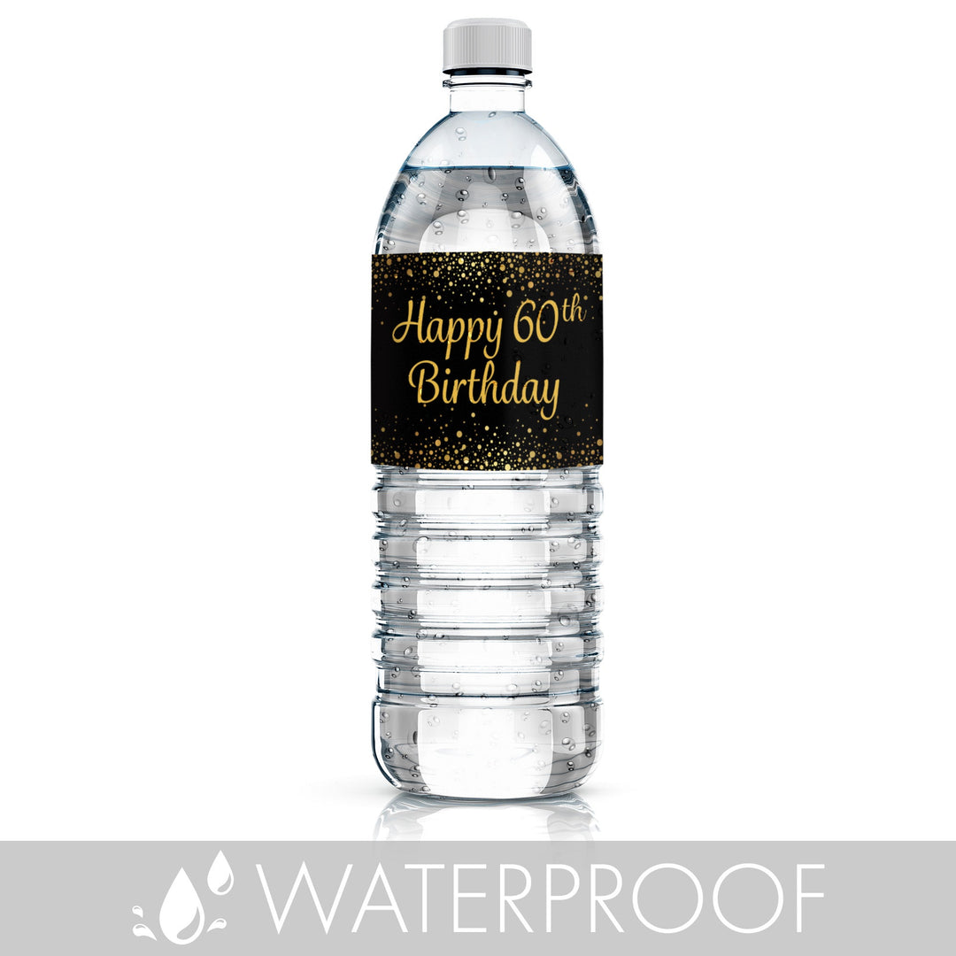 60 cumpleaños: negro y dorado - Cumpleaños de adultos - Etiquetas para botellas de agua - 24 pegatinas
