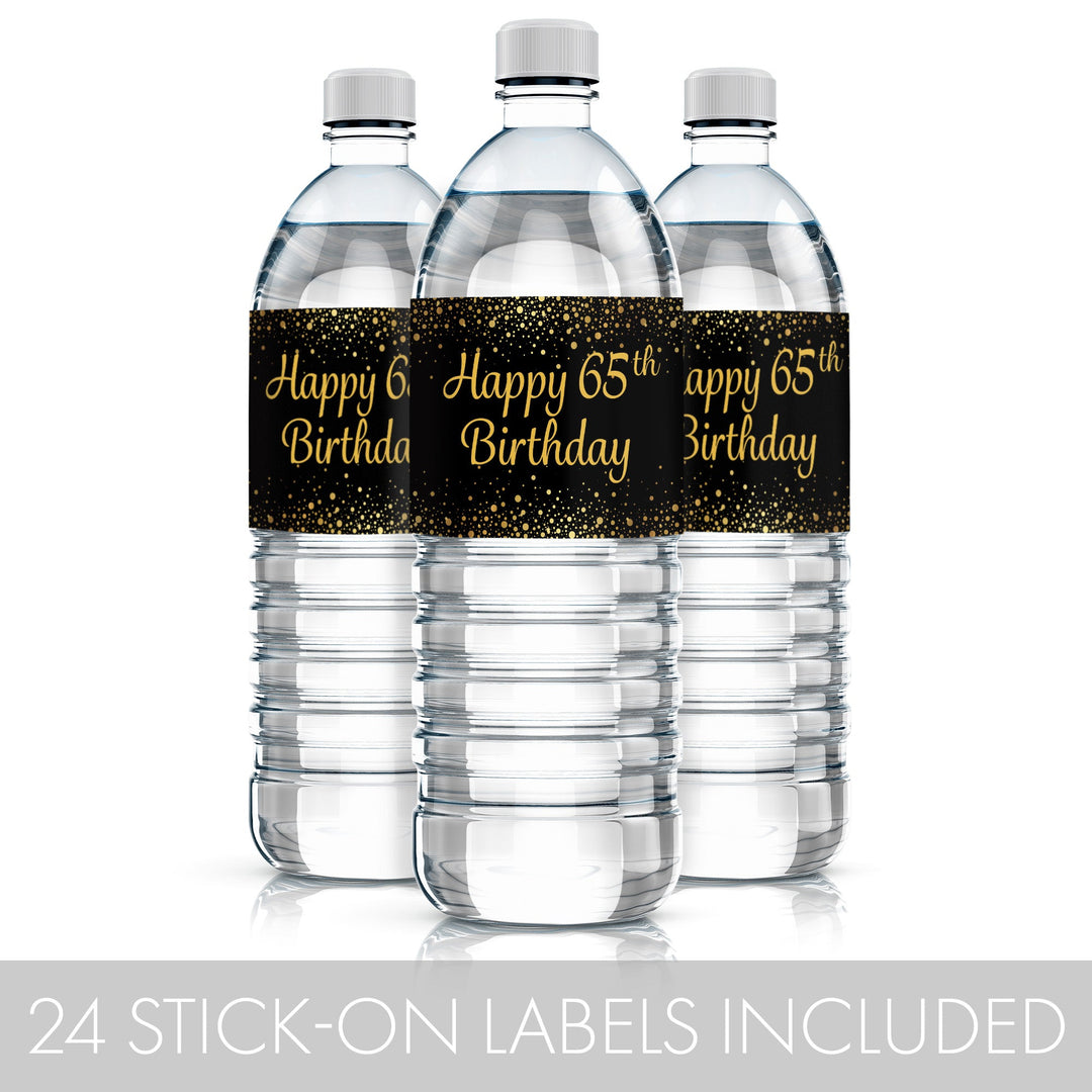 65th Birthday: Black & Gold - Adult Birthday -  Water Bottle Labels - 24 Stickers