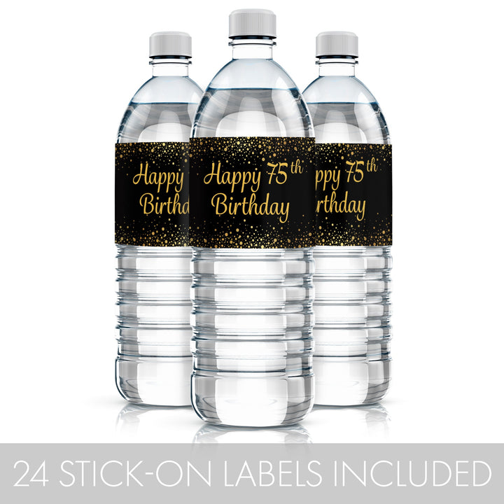 75th Birthday: Black & Gold - Adult Birthday - Water Bottle Labels - 24 Stickers
