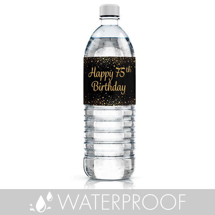75.º cumpleaños: negro y dorado - Cumpleaños de adultos - Etiquetas para botellas de agua - 24 pegatinas
