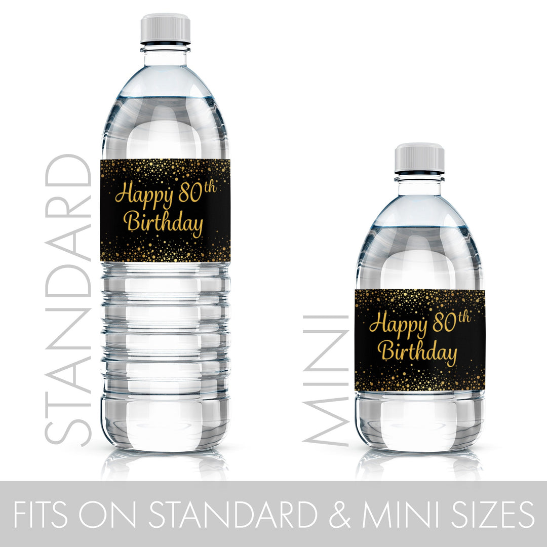 80th Birthday: Black & Gold - Adult Birthday -  Water Bottle Labels - 24 Stickers