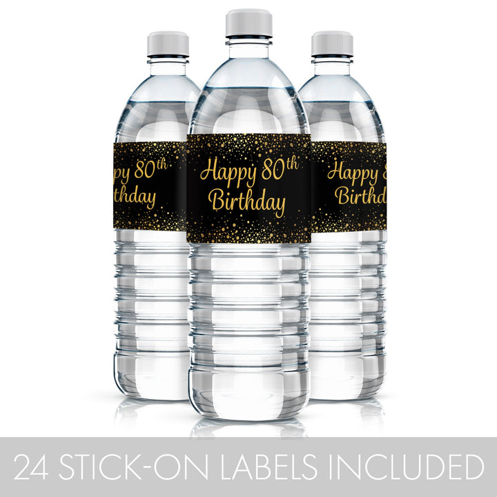 80th Birthday: Black & Gold - Adult Birthday -  Water Bottle Labels - 24 Stickers