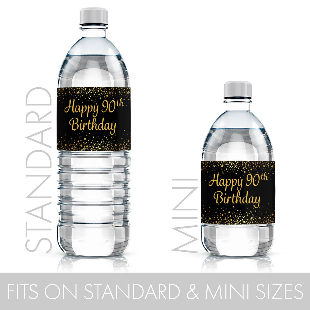 90th Birthday: Black & Gold - Adult Birthday - Water Bottle Labels - 24 Stickers