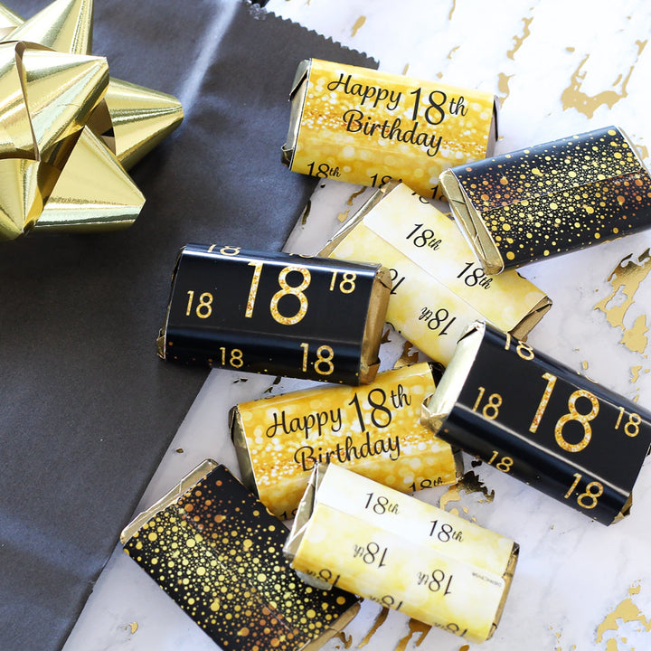 18.º cumpleaños: negro y dorado - Pegatinas para envoltorios de barra de caramelos en miniatura de Hershey's - 45 pegatinas