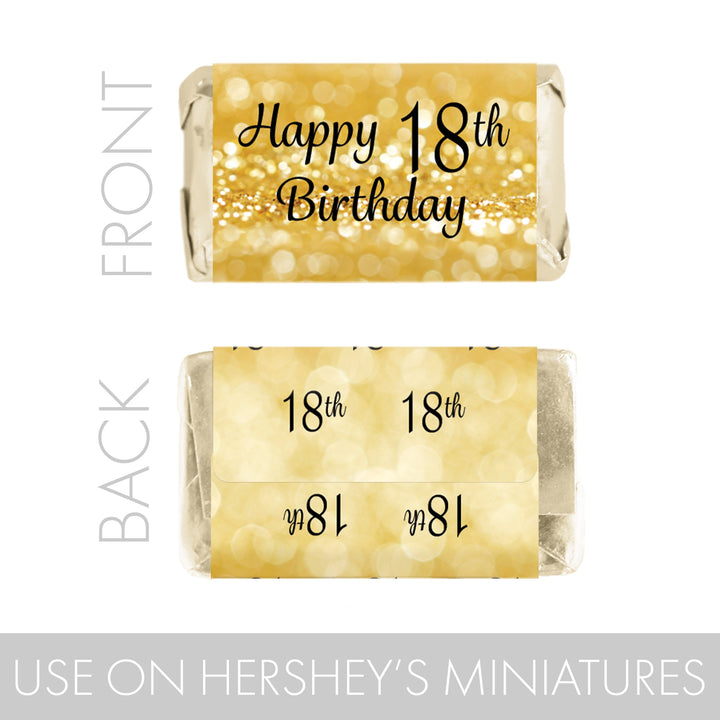 Celebrate in style with these black and gold 18th birthday mini candy bar stickers - 45 count