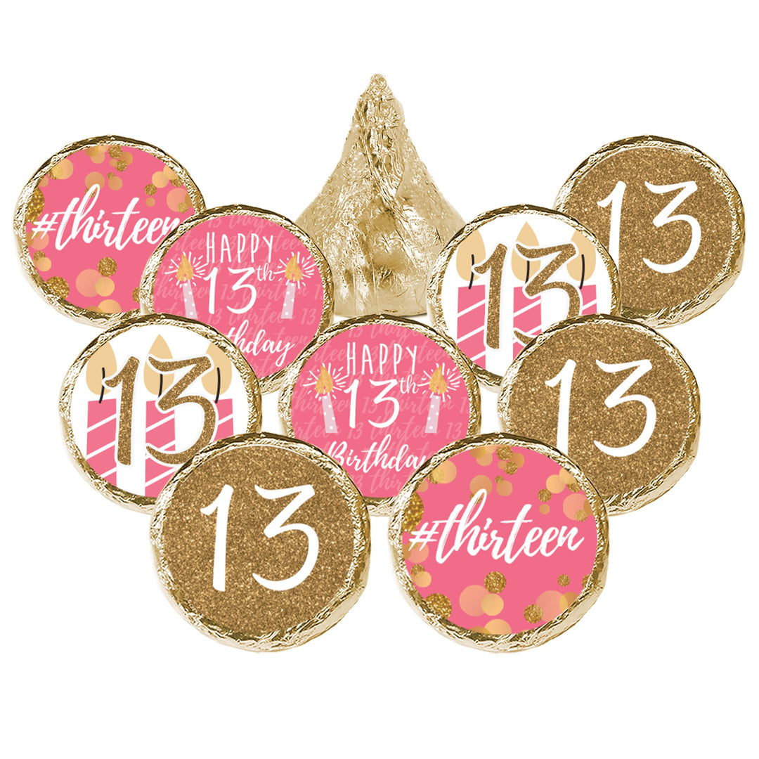 Decimotercer cumpleaños: Confeti dorado rosa y dorado - Calcomanías de fiesta - Se adapta a Hershey® Kisses - 180 calcomanías
