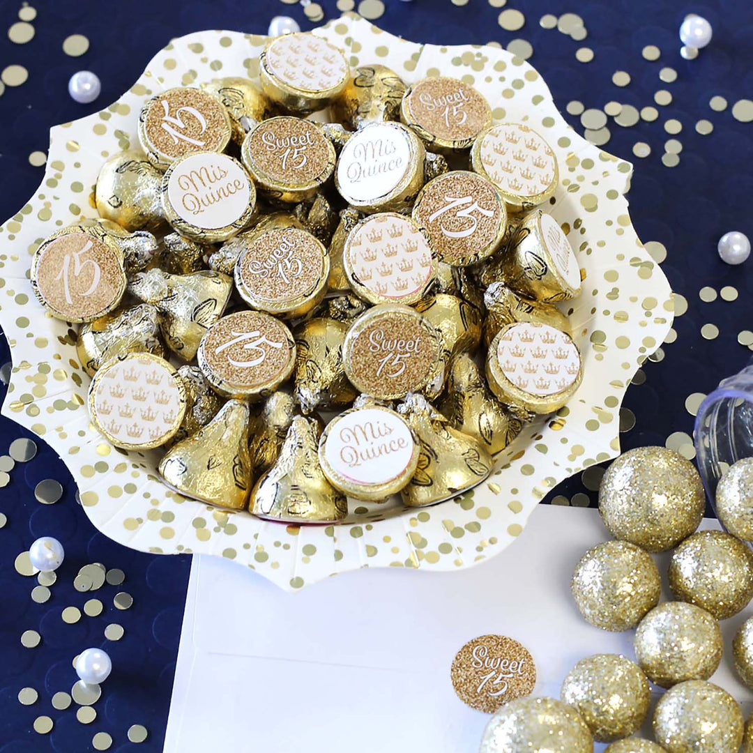 Quinceañera: White & Gold - Sparkling Mis Quince 15th Birthday - Party Favor Stickers - Fits on Hershey®Kisses - 180 Stickers