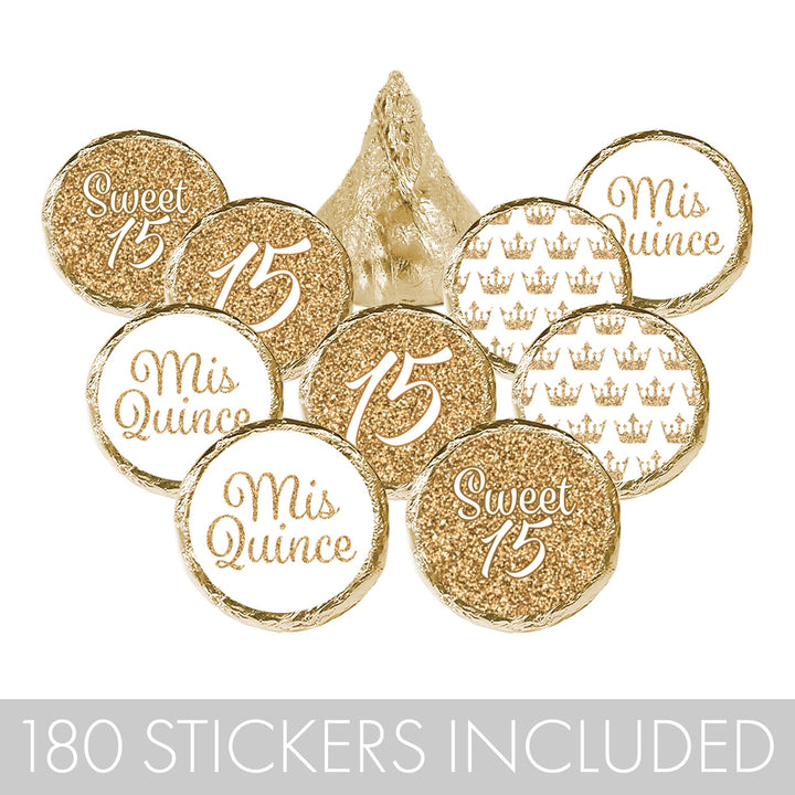 Quinceañera: White & Gold - Sparkling Mis Quince 15th Birthday - Party Favor Stickers - Fits on Hershey®Kisses - 180 Stickers