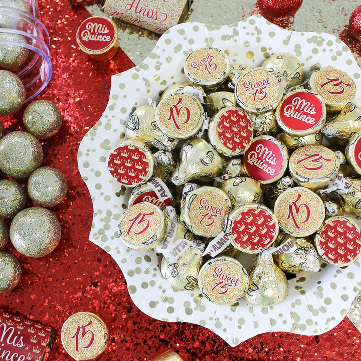 Quinceañera: Red & Gold - Sparkling Mis Quince 15th Birthday - Party Favor Stickers - Fits on Hershey® Kisses - 180 Stickers