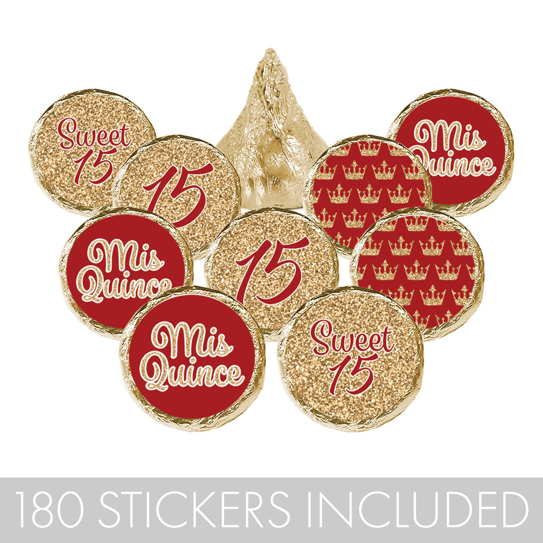 Quinceañera: Red & Gold - Sparkling Mis Quince 15th Birthday - Party Favor Stickers - Fits on Hershey® Kisses - 180 Stickers