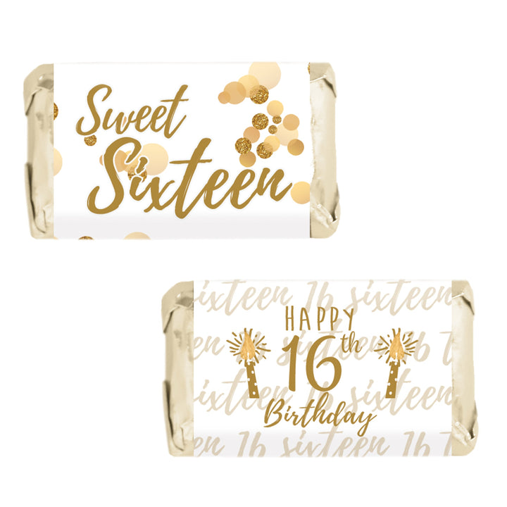 Sweet 16: White & Gold - Birthday Party Mini Candy Bar Wrappers - 45 Stickers