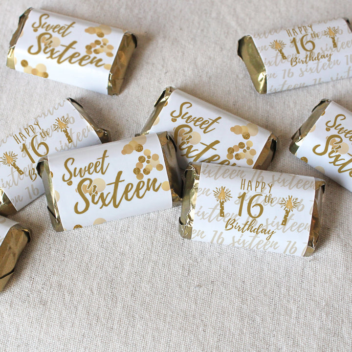 Dulces 16: Blanco y Dorado - Mini envoltorios para barra de dulces para fiesta de cumpleaños - 45 pegatinas