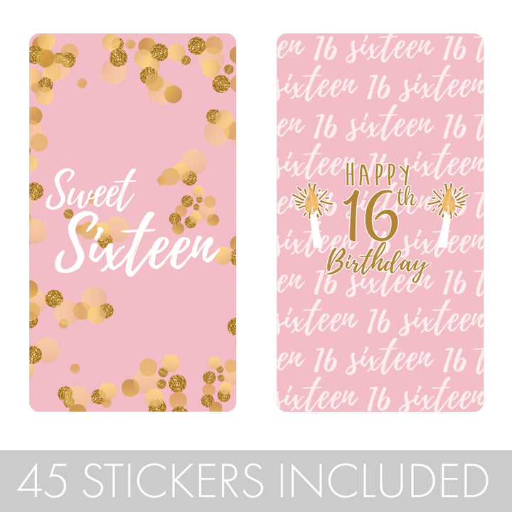 Sweet 16: Pink & Gold - Birthday Party  Mini Candy Bar Wrappers - 45 Stickers
