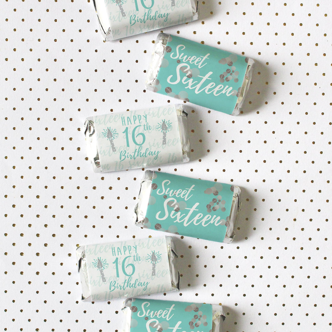 Sweet 16: Verde azulado y plateado - Mini envoltorios para barra de dulces para fiesta de cumpleaños - 45 pegatinas