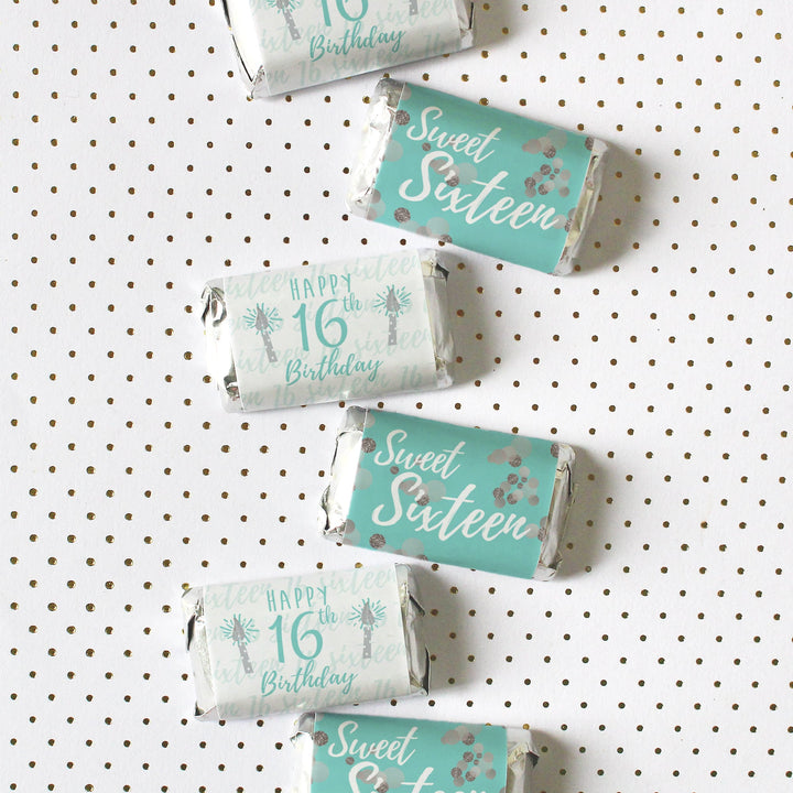Sweet 16: Verde azulado y plateado - Mini envoltorios para barra de dulces para fiesta de cumpleaños - 45 pegatinas