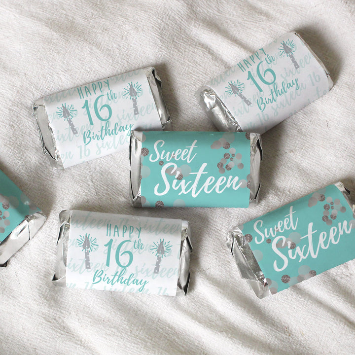 Sweet 16: Teal & Silver - Birthday Party Mini Candy Bar Wrappers - 45 Stickers
