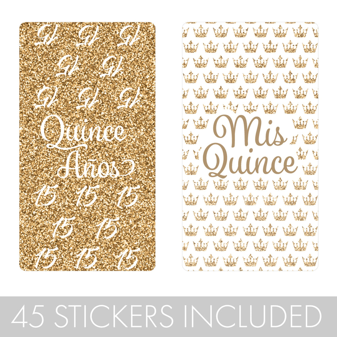 Quinceañera: White & Gold - Sparkling Mis Quince 15th Birthday - Hershey® Miniatures Candy Bar Wrappers Stickers - 45 Stickers