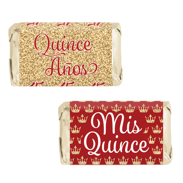 Quinceañera: Rojo y Dorado - Sparkling Mis Quince 15th Birthday - Hershey® Miniatures Candy Bar Wrappers Stickers - 45 Stickers
